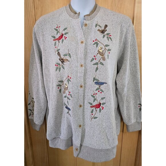 Womens Button-Up Bird Embroidered Cardigan Sweater Beige cottagecore boho - Picture 3 of 9